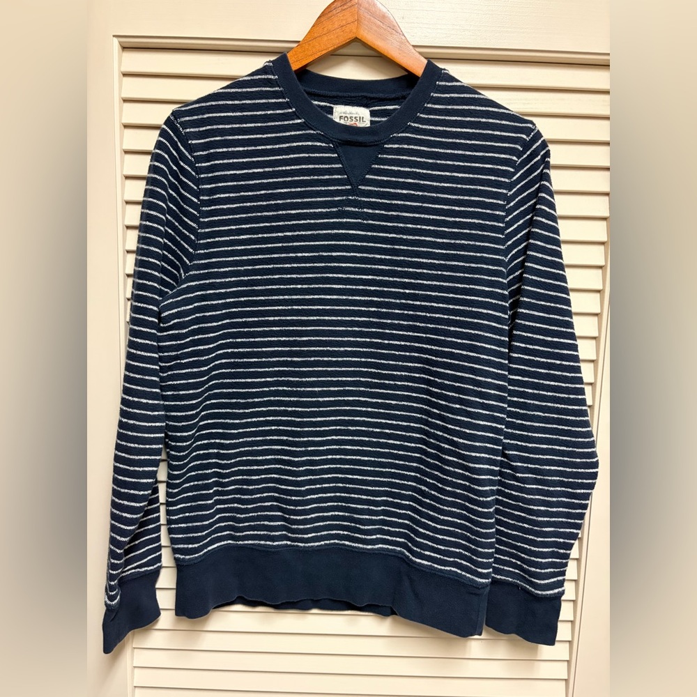 Fossil Mens Small Striped Sweatshirt Navy White Crewneck Pullover Retro Vintage